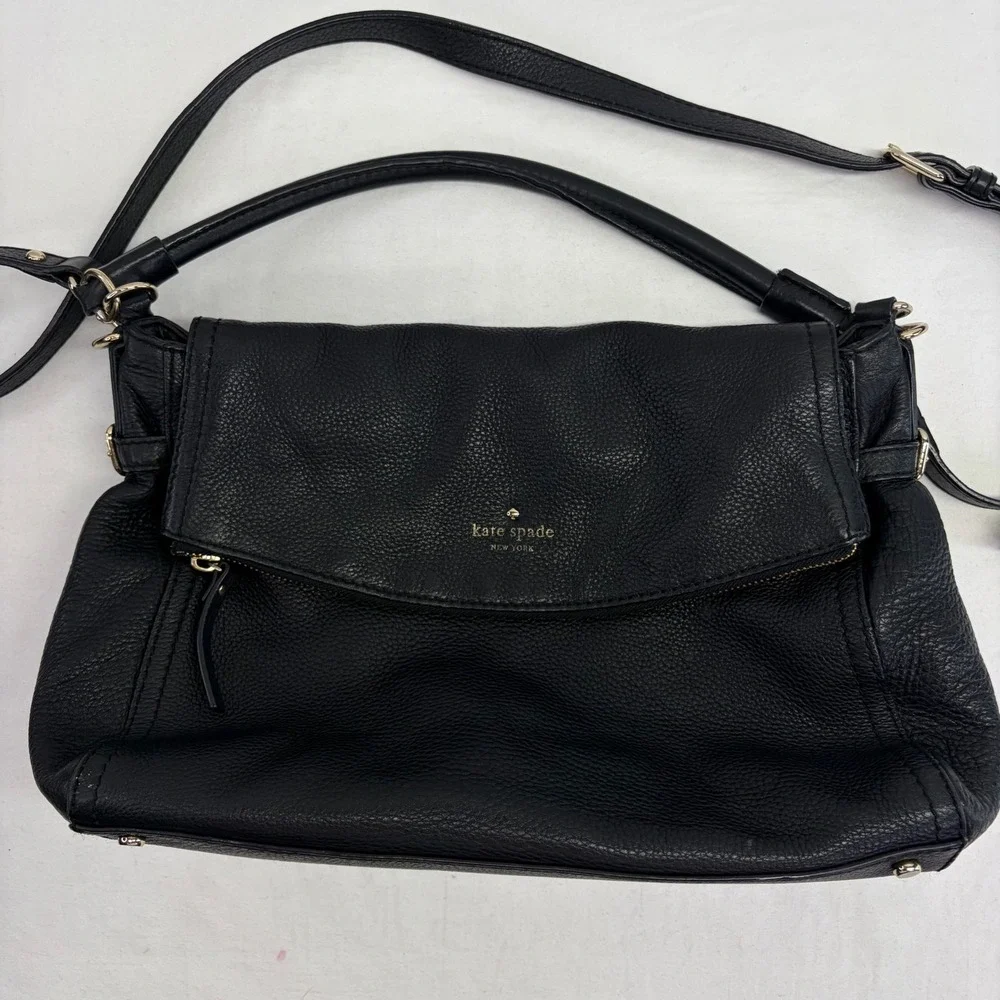 Kate Spade Crossbody Bag Medium Black Pebbled Leather Foldover Satchel Slouchy